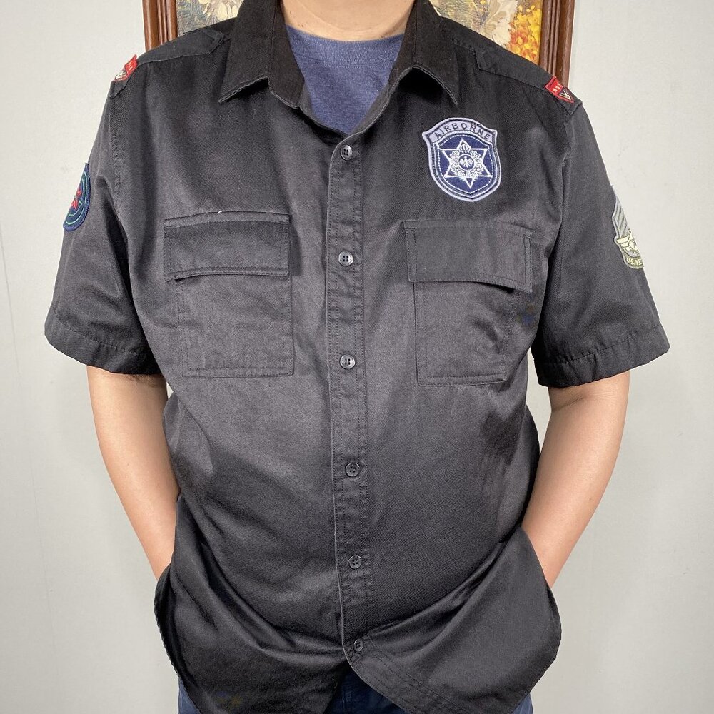 Phat Farm Shortsleeve Button Up Shirt Top Men's XL Black Military Patches